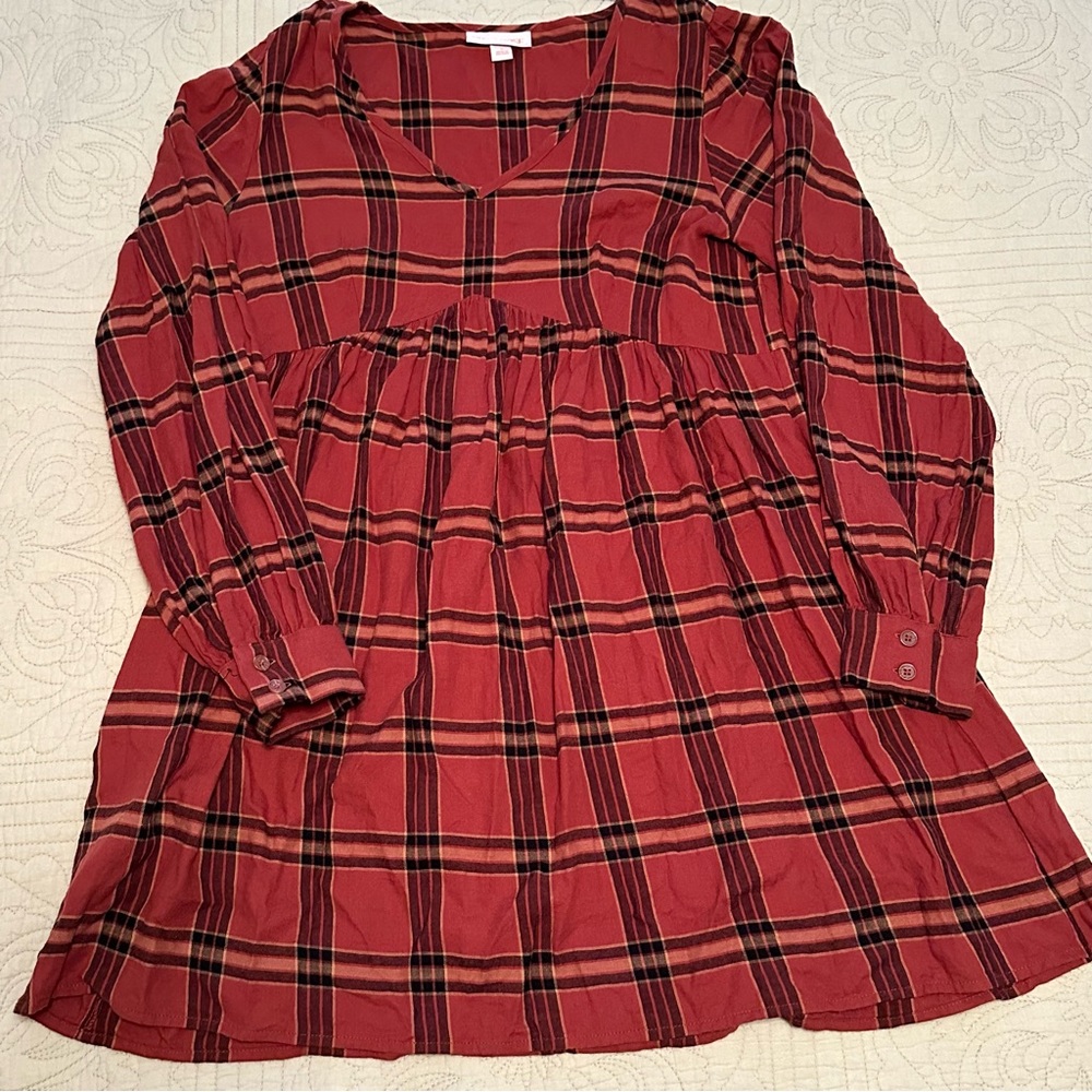 Women’s Bishop Sleeve A-Line Dress, Knox Rose, Brown Plaid